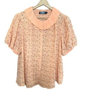 Allegra K Peach Pleated Collar Short Puff Sleeve Blouse